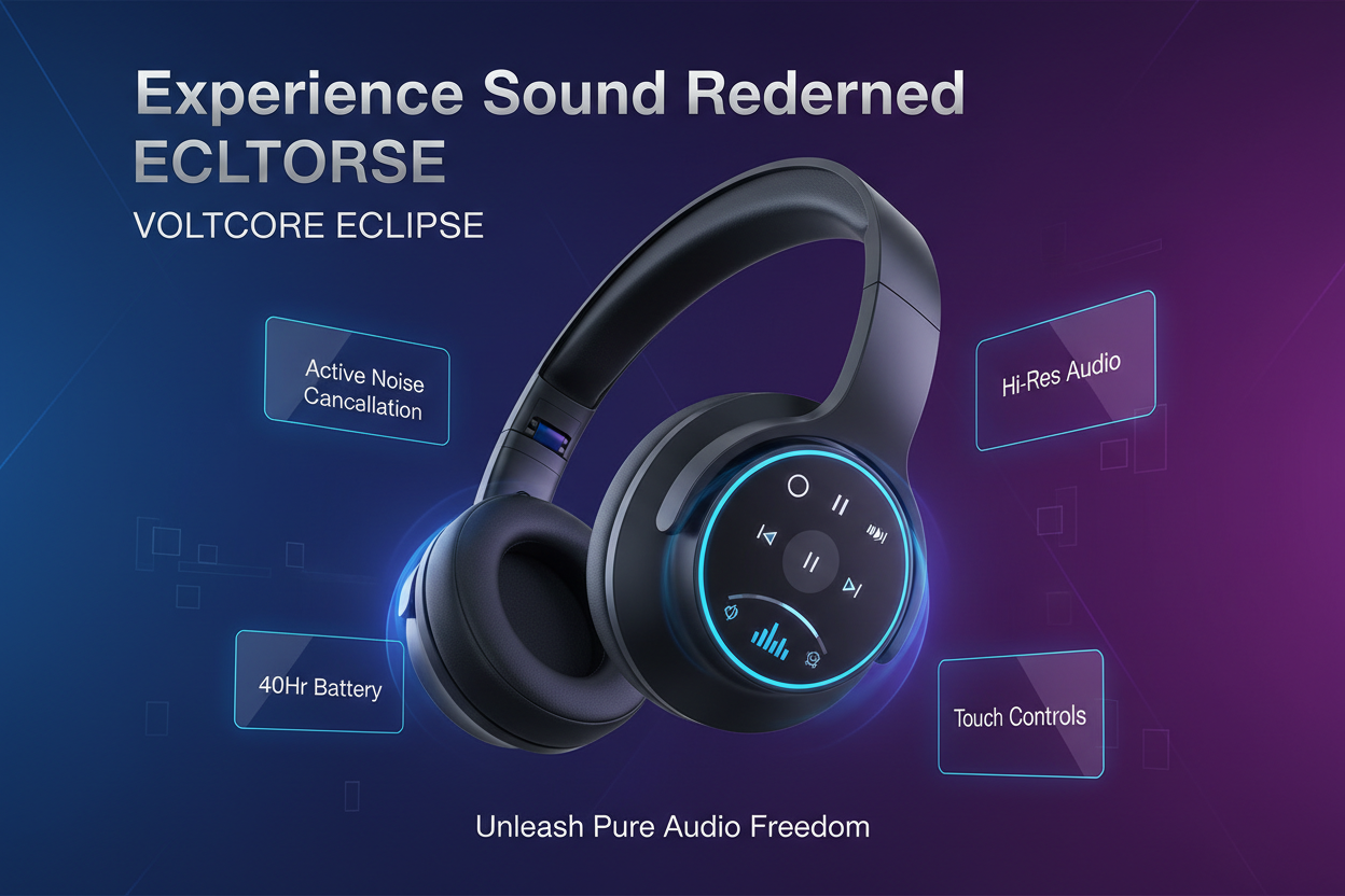 an banner for headphones with the diaplay on it and cool style modern, shows the functions and more things about it