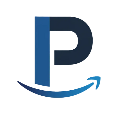 an favicon where the letter P with cool style and the amazon underline with the colors blue, black and white background