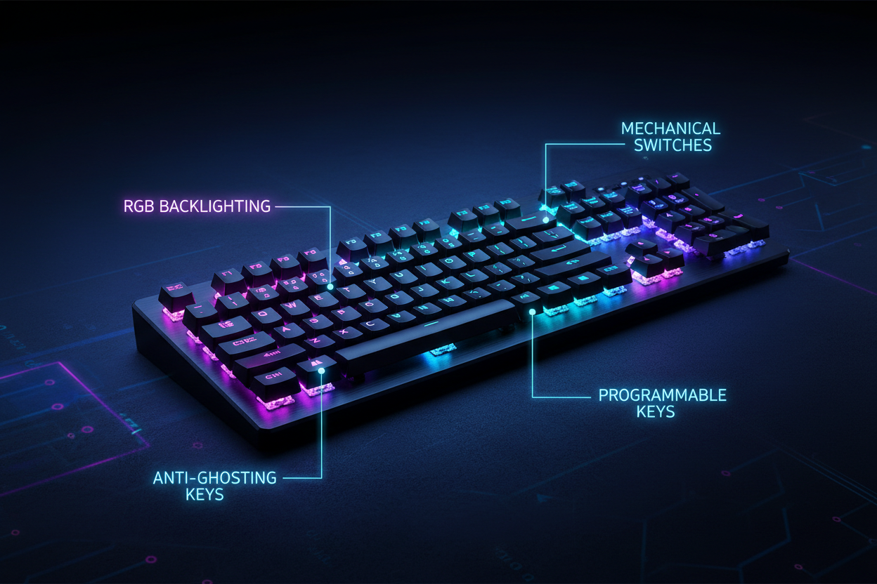 create a banner for an keyboard moder style with the RGB and features