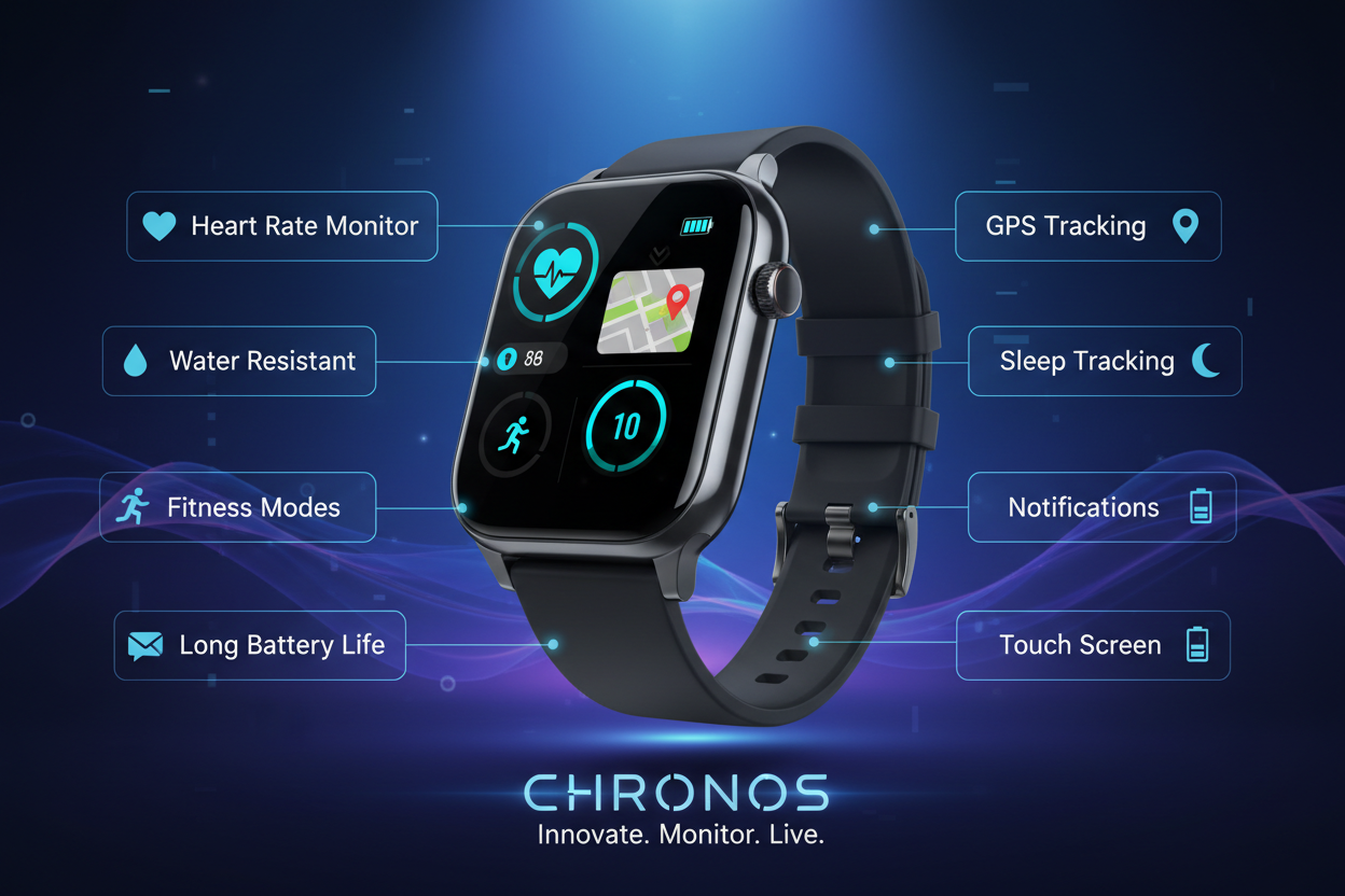create a banner for smart watches with high quality and modern style and the all features written 