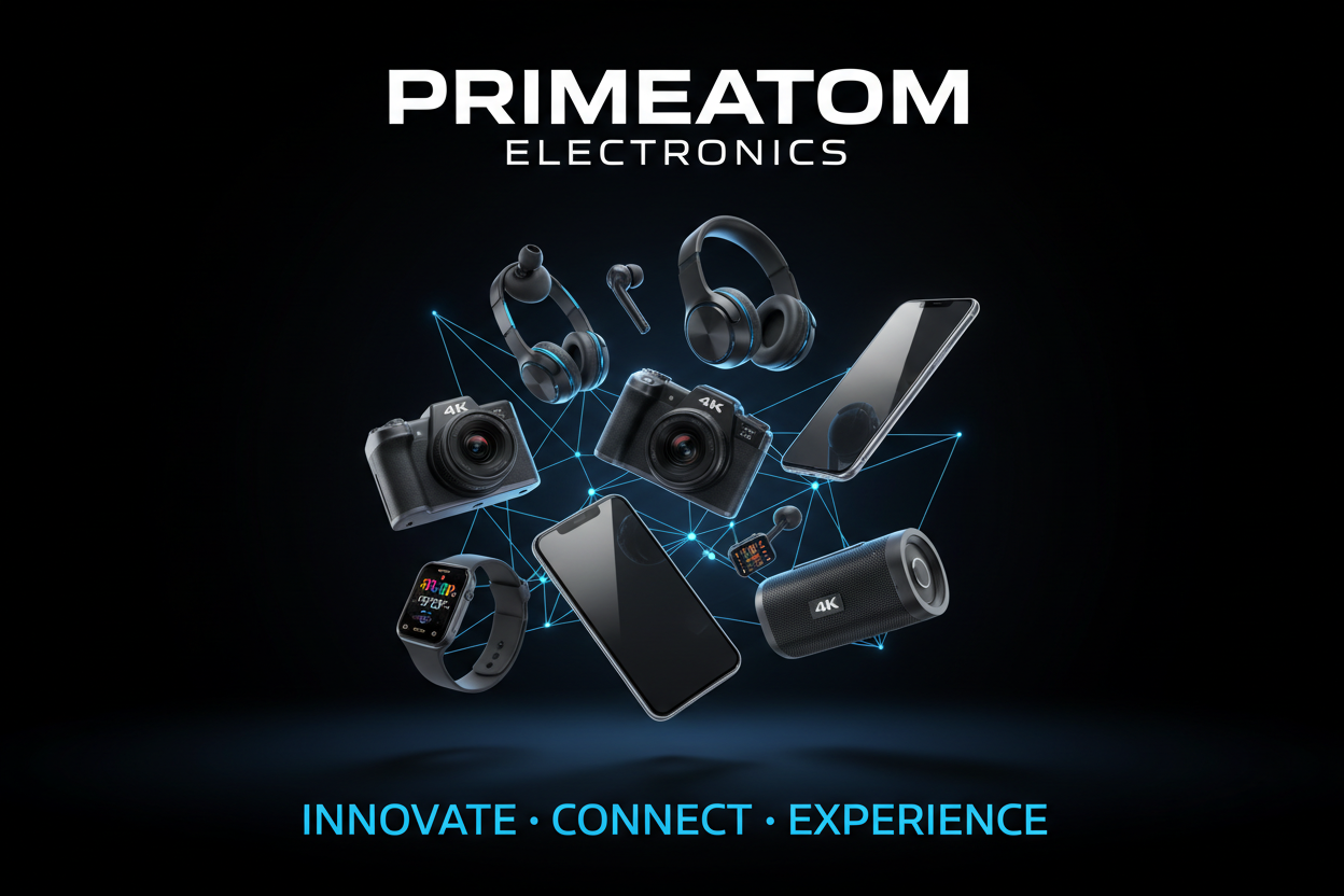 Create a sleek, futuristic digital advertisement image for PrimeAtom, an online electronics shop.

Style & Mood: premium, modern, tech-forward, bold, clean, high-energy
Colors: deep black background, electric blue accents, white highlights
Lighting: dramatic reflections, glossy surfaces, subtle neon glow

Visual Elements:

Premium electronics: smartphones, headphones, earbuds, smartwatches, 4K cameras, portable speakers

Products displayed dynamically with floating, angled, or rotated positions

High-detail